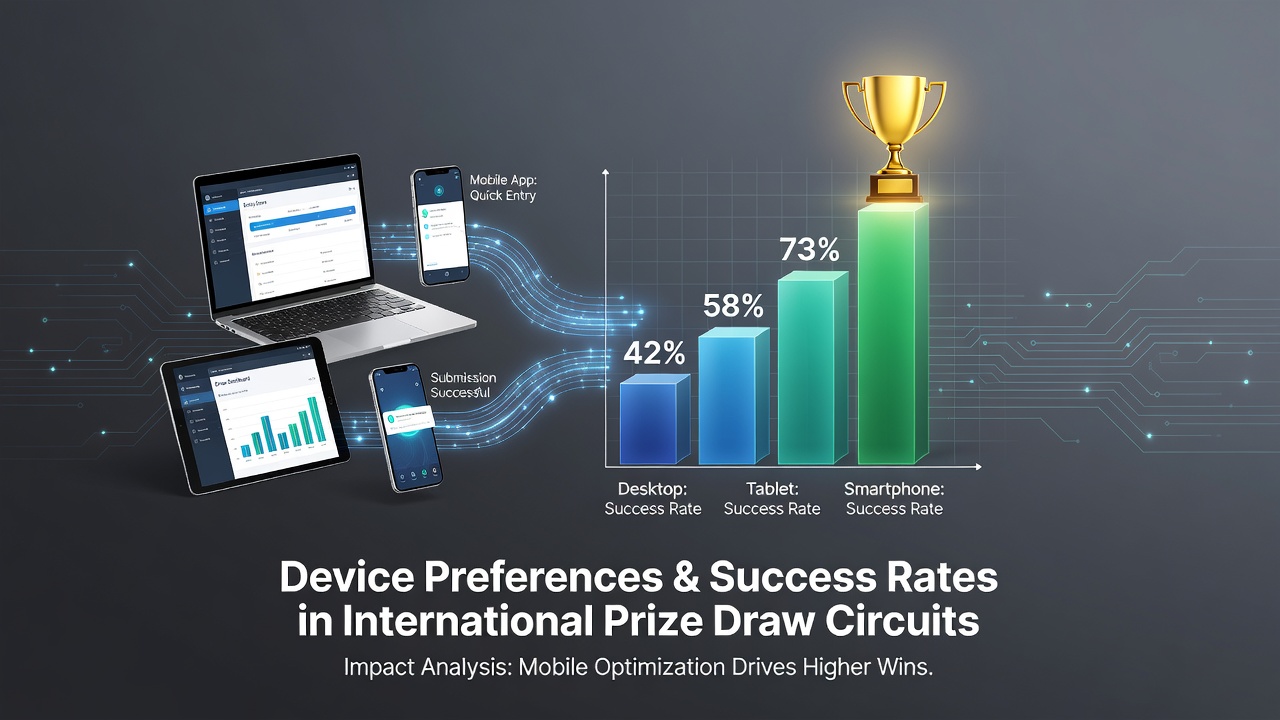 Overview of device usage patterns across international prize draw platforms showing mobile, desktop, and tablet interfaces