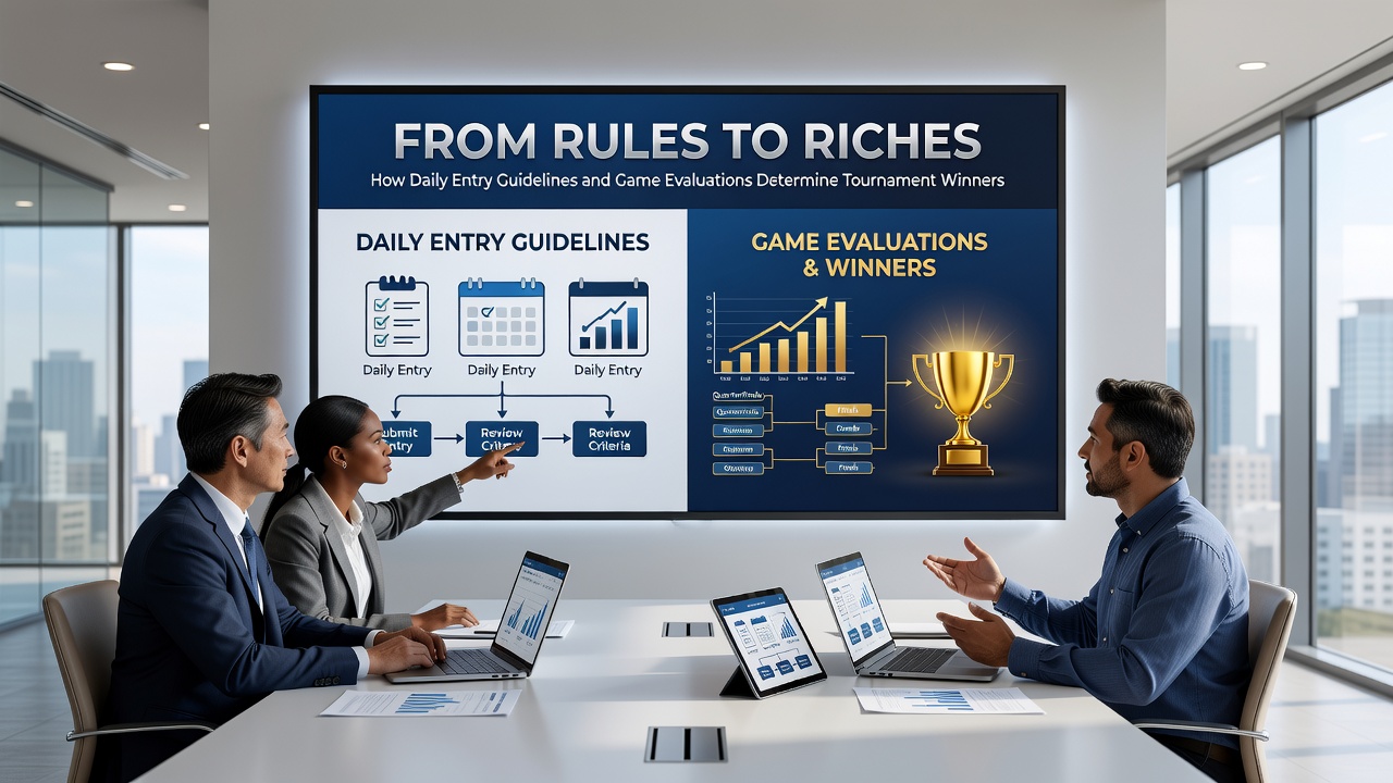 Leaderboard display showing tournament standings influenced by game evaluations and entry compliance