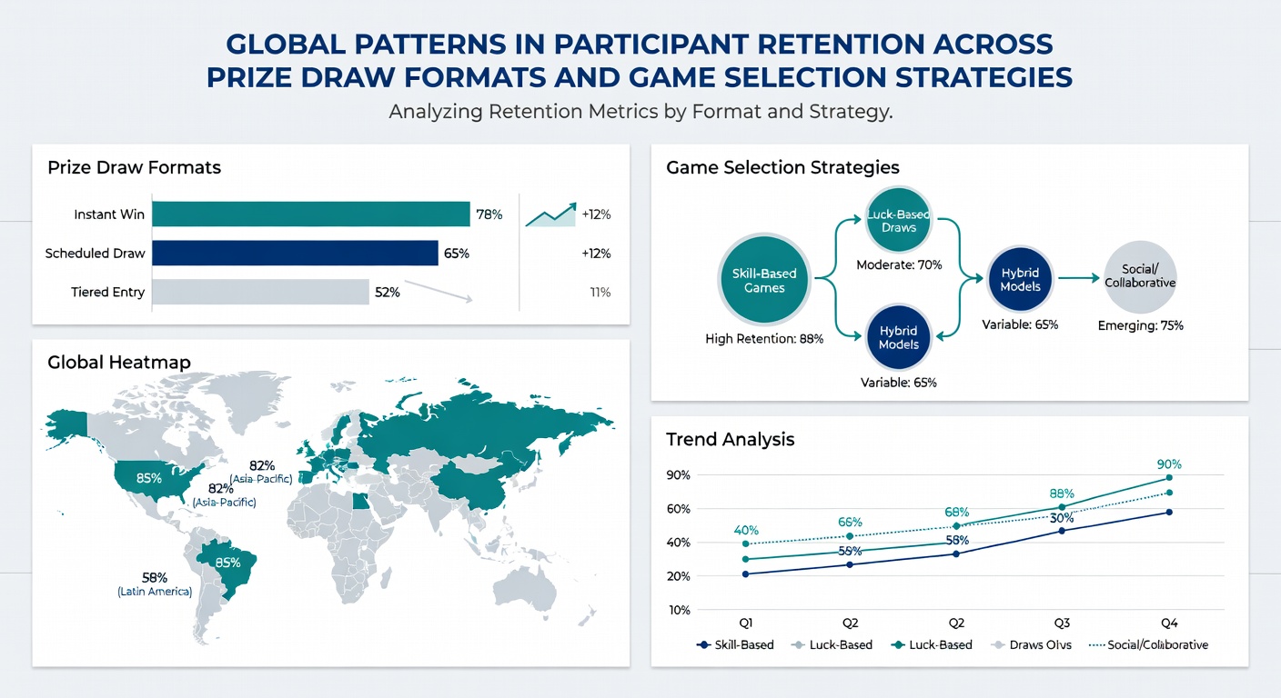 Charts and graphs illustrating retention curves for different prize draw formats and game selection approaches