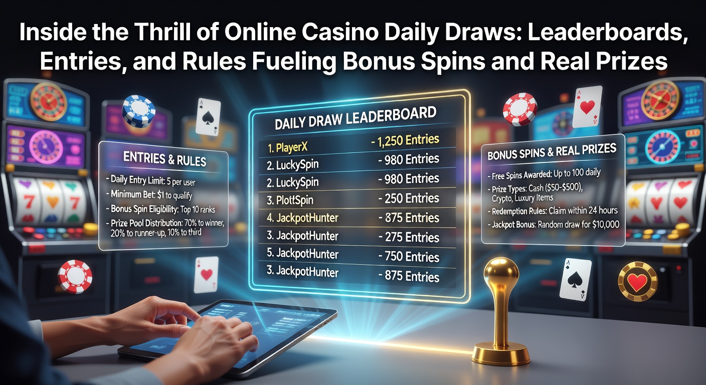 Dynamic online casino leaderboard displaying top players in a daily draw, with glowing prize icons for bonus spins and cash rewards