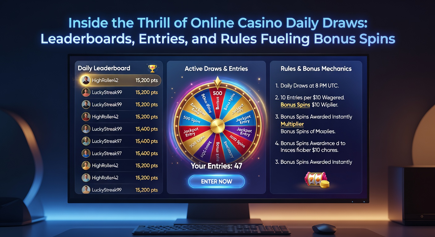 Close-up of a player's screen showing entry tickets piling up in a daily draw interface, next to a leaderboard and spinning bonus wheel