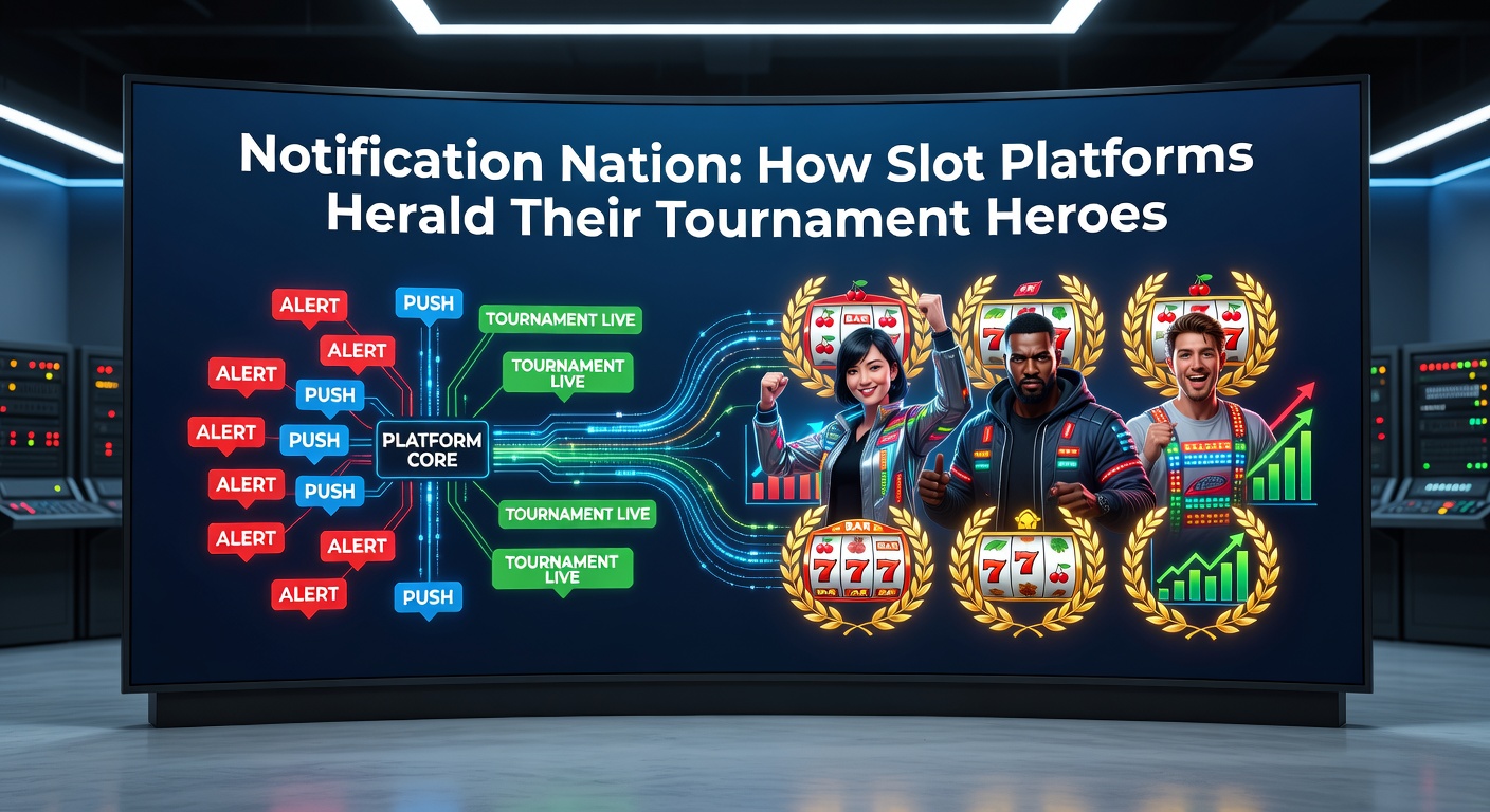 Mobile phone screen displaying a celebratory push notification from a slot platform, featuring a tournament winner's name, trophy icon, and cash prize amount amid colorful graphics