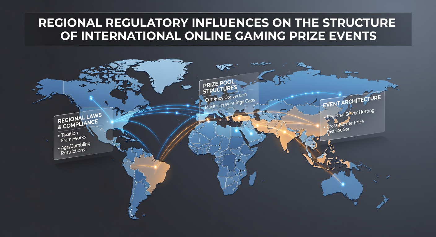 Illustration of regulatory documents and digital gaming interfaces representing international prize event frameworks