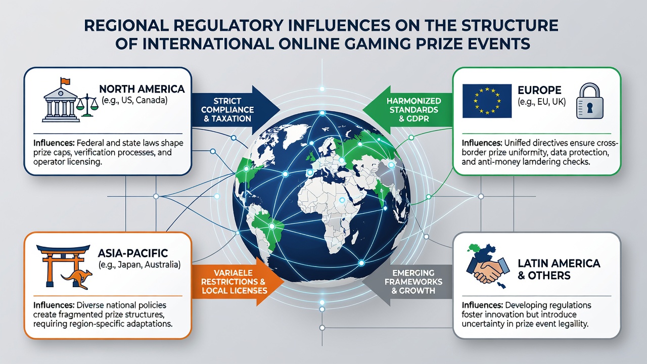 Global map overlay with regulatory icons highlighting regional impacts on gaming prize structures
