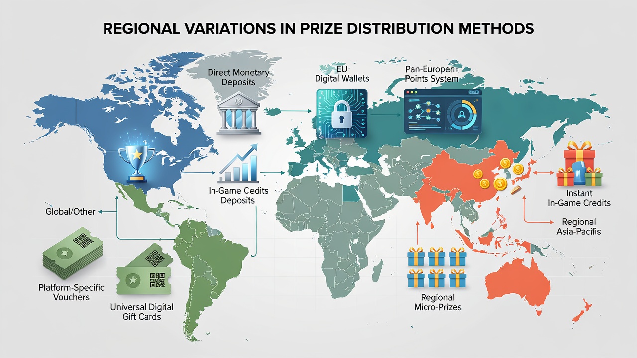 Chart comparing prize types and distribution timelines in Europe versus Asia-Pacific digital reel events