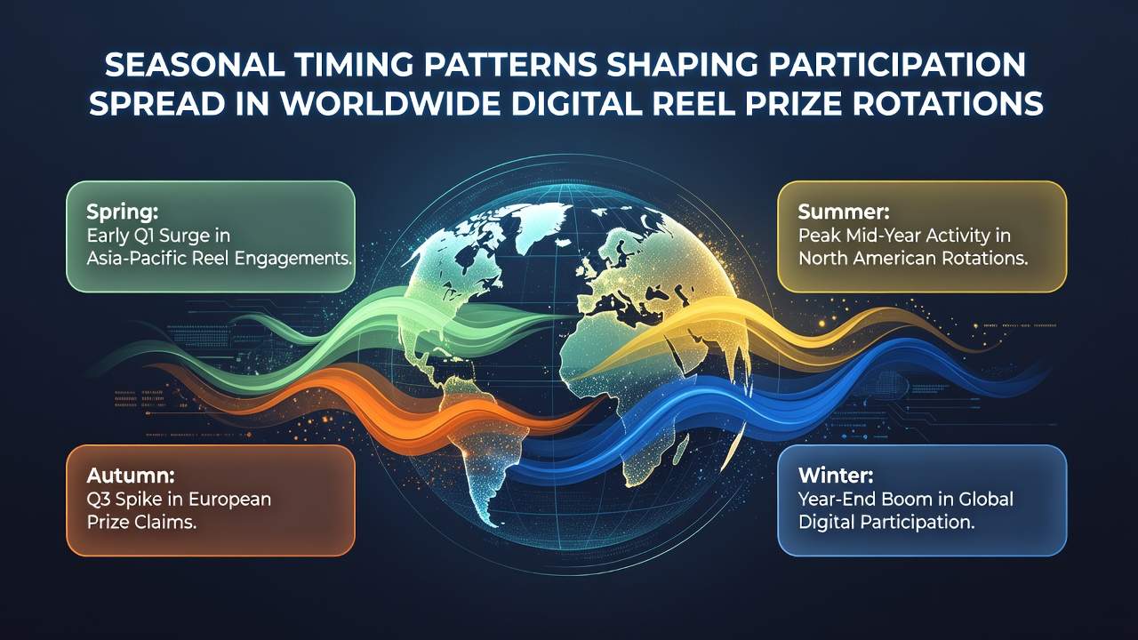 Global map overlay showing seasonal participation spikes in digital reel prize rotations with highlighted regions and data points