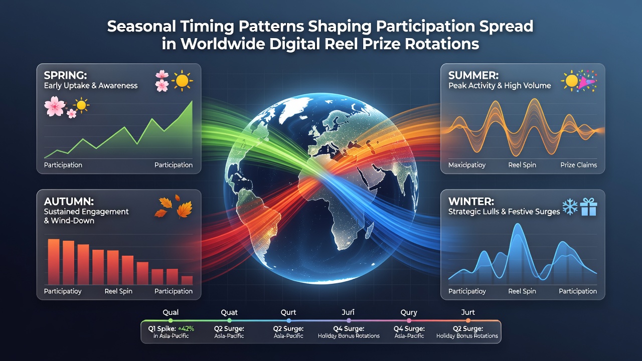 Analytics dashboard displaying seasonal entry graphs for worldwide digital reel prize rotations with monthly breakdowns and regional comparisons