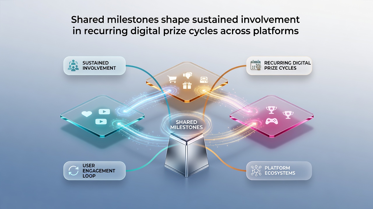 Digital prize cycle participants tracking shared progress on multiple platforms during a recurring tournament event