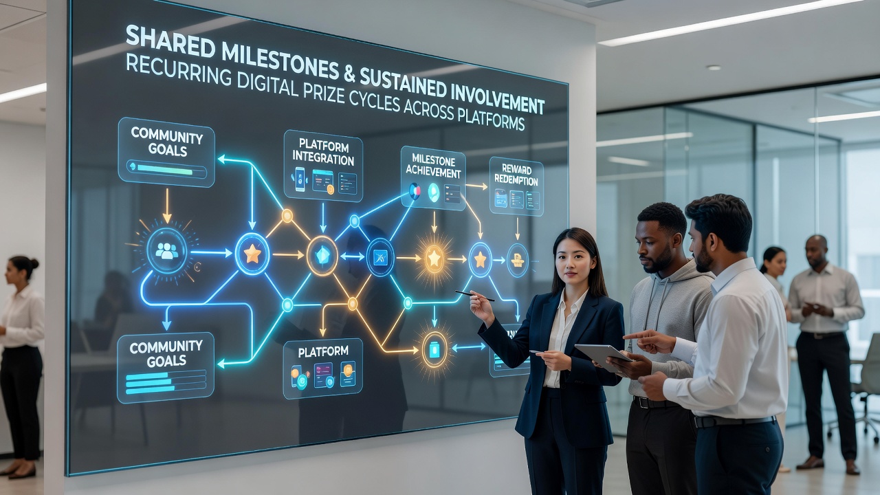 Community milestone tracker displaying synchronized progress across mobile and desktop platforms in a digital prize competition