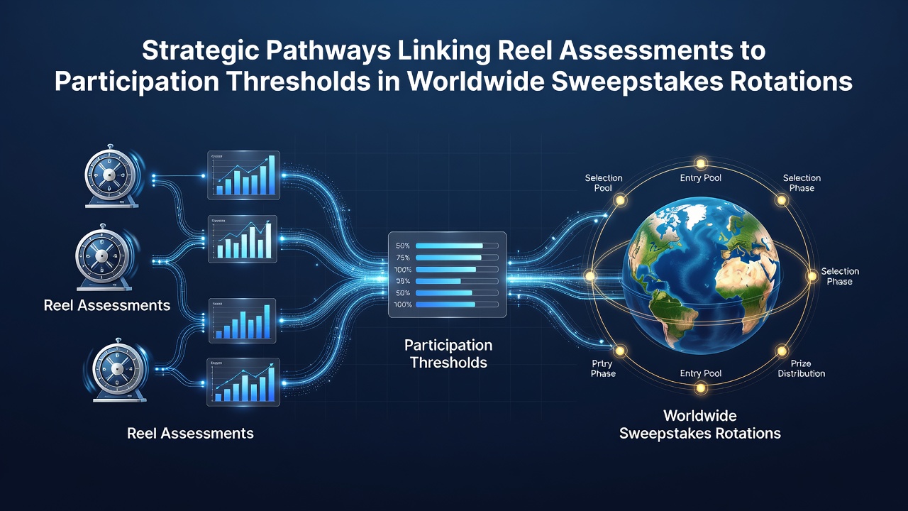 Diagram showing reel assessment metrics connected to sweepstakes participation thresholds in global gaming platforms