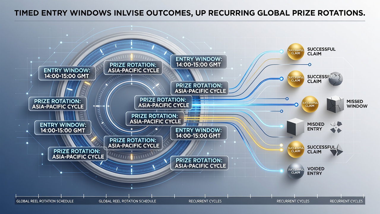 Visualization of timed entry windows in global reel prize rotations showing overlapping participation cycles
