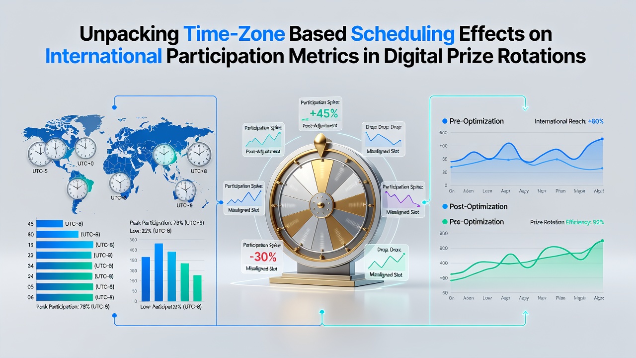 Global map overlay showing time zone lines intersecting with digital prize rotation schedules and participation heatmaps for international slot competitions