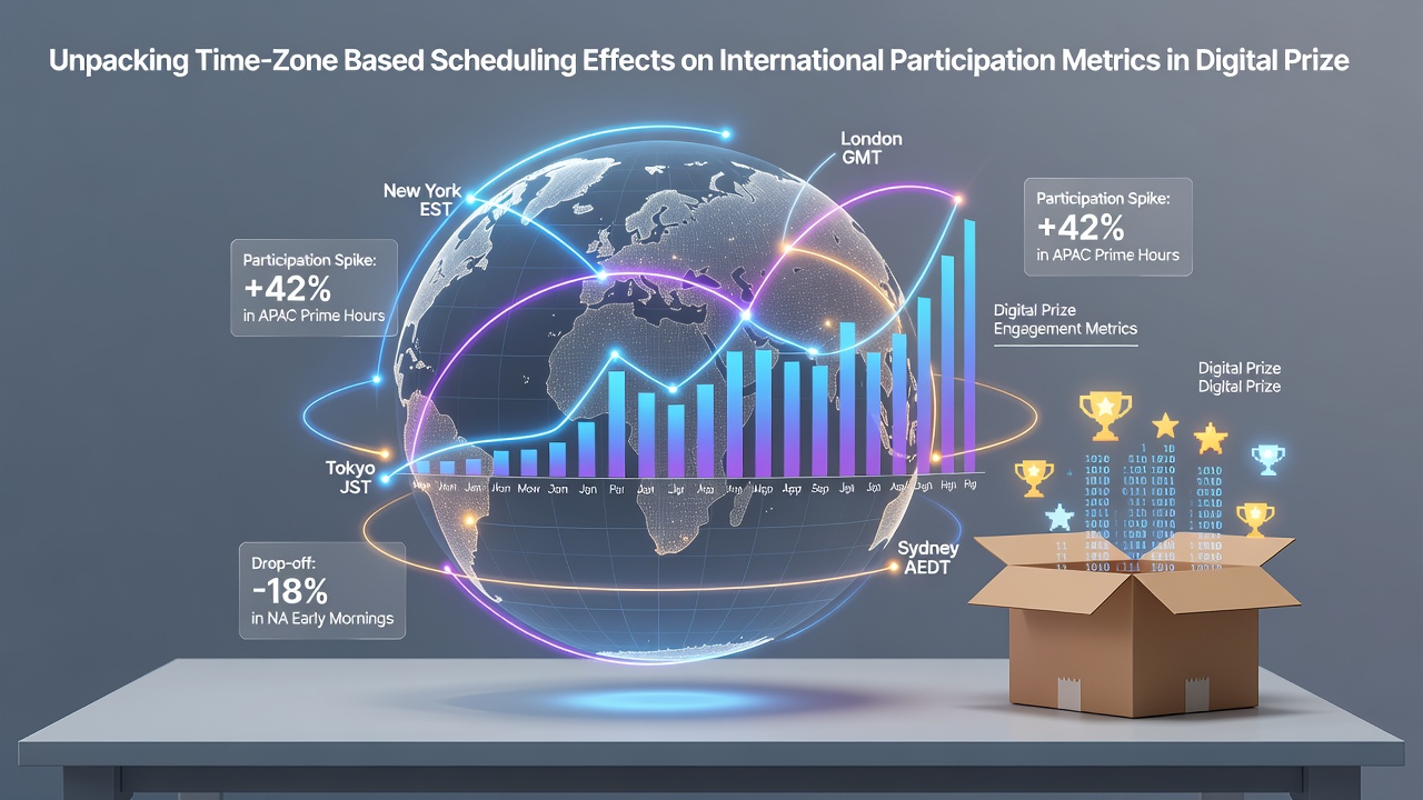 Detailed analytics dashboard displaying time-zone heatmaps, entry volume graphs, and regional participation bars for July 2026 digital prize rotations